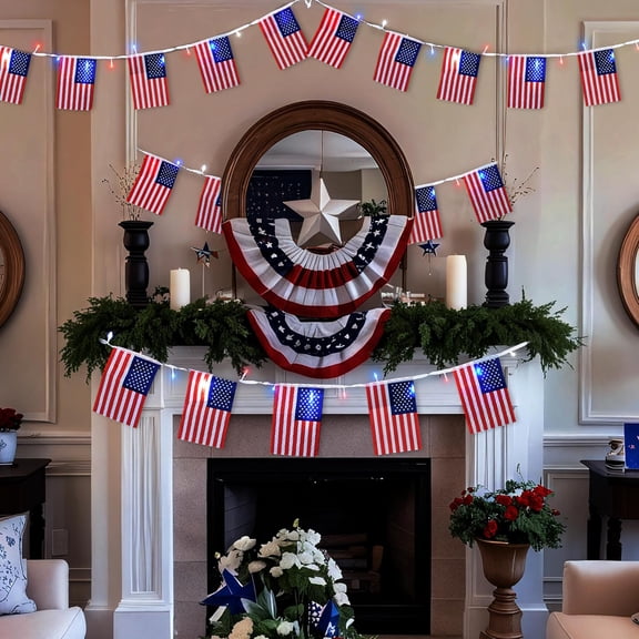 OTGFRF-4th of July Decorations 16.4FT Patriotic String Lights 20 American Flags & 50 LED Red White Blue Lights, Battery Operated Waterproof Flag Light with 8 Modes Timer for Indoor Outdoor Party Deco