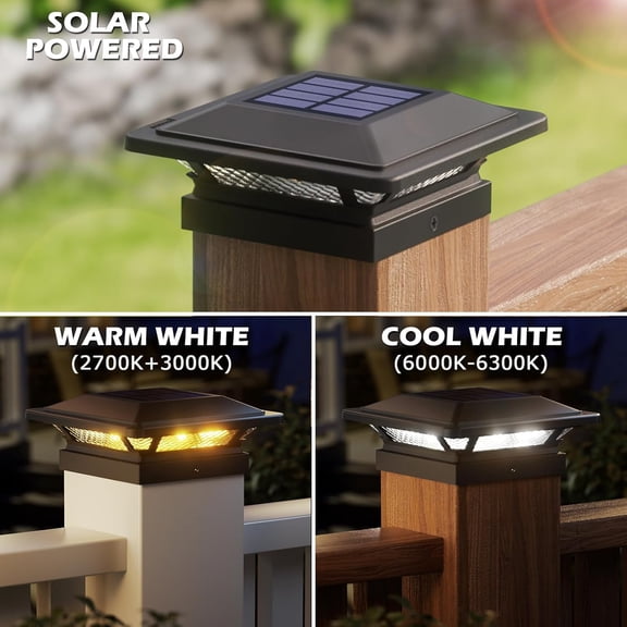 OTGFRF-4x4 Solar Post Cap Lights 16 LEDs 2 Modes 3.5x3.5 4x4 Wooden Vinyl Post Light Waterproof Outdoor for Deck Fence Patio Garden Decor, Warm/Cool White (6 Pack, Black)