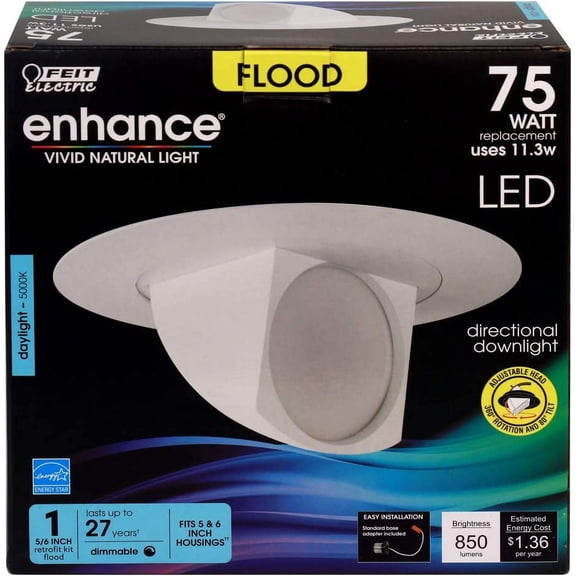 OTGFRF-5-6 inch Adjustable Scoop Recessed LED Downlight, 5000K Daylight, Dimmable, 75W Equivalent, 45 Year Life, 850 Lumen, High CRI, LEDR56SCP/950CA