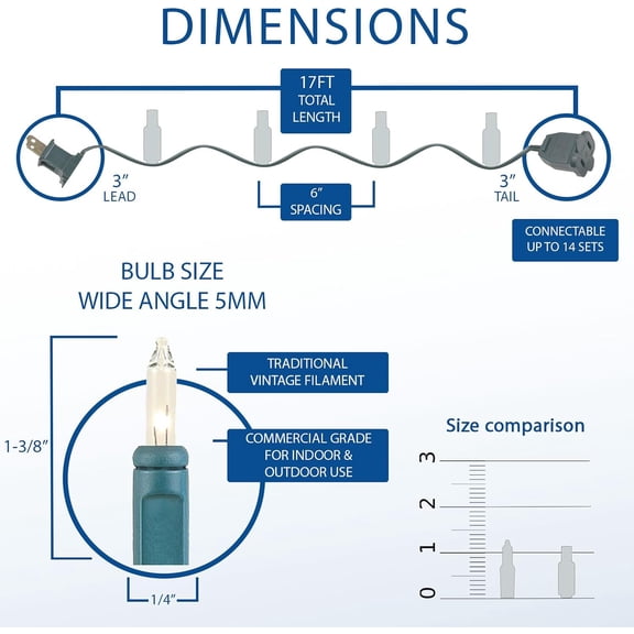 OTGFRF-5 Feet 35 Bulbs Vintage Short Mini Light String, Clear Bulbs on Green Wire, 4-Inch Spacing Fairy Lights, Connectable End-to-End, UL Listed for Indoor/Outdoor