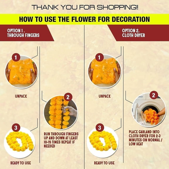 OTGFRF-5 Feet Indian Marigold Garland for Decoration, Artificial Marigold Flowers for Diwali Halloween Day of Dead, Da de Los Muertos, Indian Wedding Flower Decoration (Yellow)