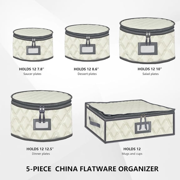 OTGFRF-5 Pack China Storage Containers Set (Beige) - Sturdy Quilted Wine Glass & Dish Storage with Dividers - Compact Size
