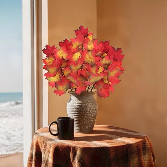 OTGFRF-5 Pcs Artificial Fall Maple Leaves Stems 19.6 Fake Autumn Foliage Branches for Home Kitchen Farmhouse Vase Thanksgiving Table Centerpieces Party Halloween Decor Red and Orange