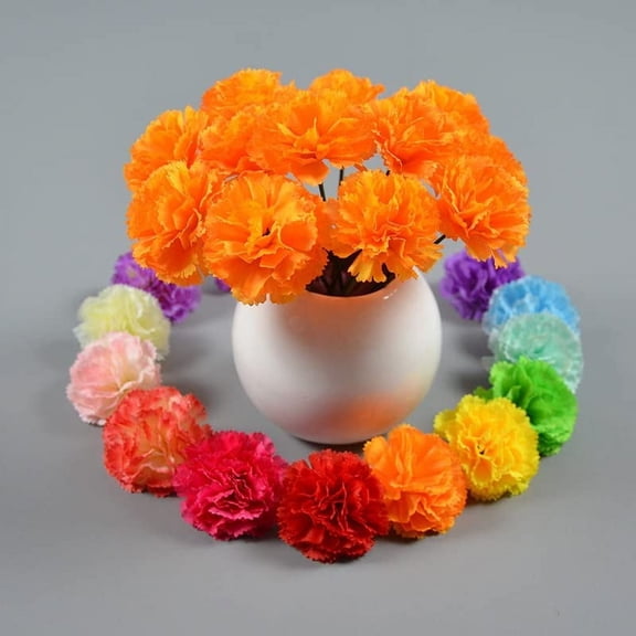 OTGFRF-50 Orange Artificial Silk Carnation with Stems,Marigold Flower Heads,Vase Fillers,Flower Heads for Diwali Home Decor Day of The Dead Wreath Garland Cake Ornaments,3" Petals Heads