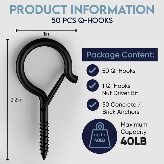 OTGFRF-50 PCS Black Q Hanger Hooks with Safety Buckle, Windproof Screw Hooks for Hanging Outdoor String Lights, Plants, Christmas, Patio Lights, 2.2 Inches, Black