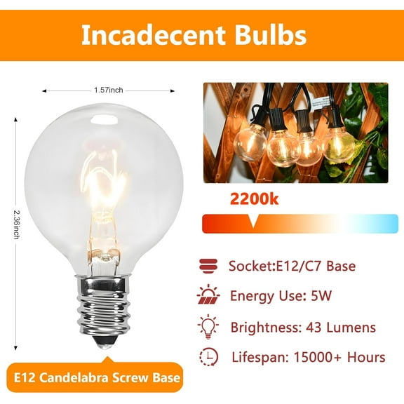 OTGFRF-50 Pack G40 Light Bulbs Replacement, 120V 5W Clear Globe G40 Outdoor String Lights Bulbs Replacement, C7 or E12 Candelabra Base Wax Warmer Light Bulbs, 2200K Warm White Vintage Incandescent Bu