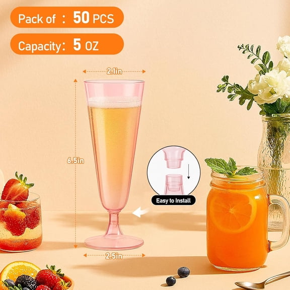 OTGFRF-50 Pack Pink Clear Plastic Champagne Flutes, 5 Oz Disposable Champagne Glasses, Unbreakable Acrylic Mimosa Glasses Wedding Cocktail Cups for Engagement Birthday Graduation Party Decorations Su
