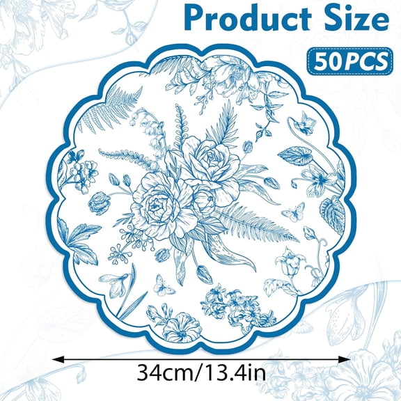 OTGFRF-50 Pcs Blue Floral Paper Placemats,Placemat Chinoiserie Place Mats 13.4 Inch Vintage Blue Floral Round Disposable Placemats Mats Table Setting Wedding Tea Party Decor Birthday Party Supplies