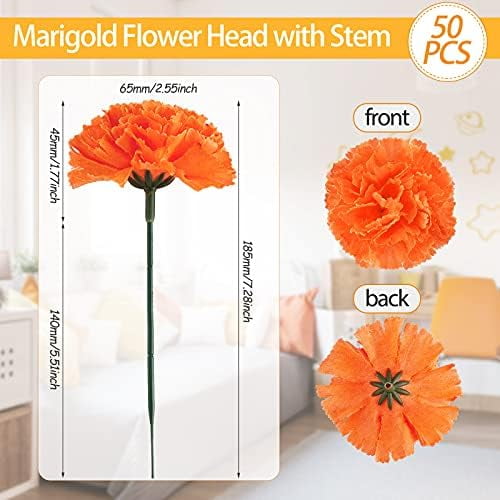 OTGFRF-50 Pcs Day of The Dead Marigold Flower Bulk Fiesta Flowers Artificial Dia De Los Muertos Decorations for Mexican Backdrop Party Floral with Stems DIY Marigold Garland