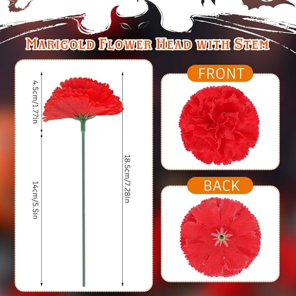 OTGFRF-50 Pcs Day of The Dead Marigold Flower Halloween Flowers Bulk Artificial Dia De Los Muertos Decorations for Halloween Decor Party Floral with Stems DIY Marigold Garland