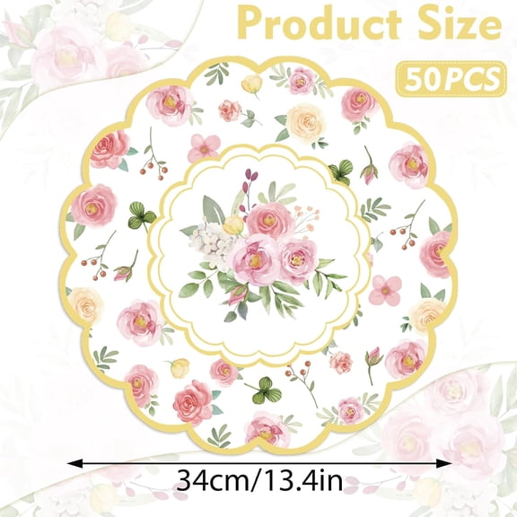 OTGFRF-50 Pcs Floral Paper Placemats 13.4 Inch Pink Watercolor Roses Flower Place Mats Disposable Placemats Mats for Dinner Table Setting Spring Summer for Birthday Wedding Anniversary Bride Party Su