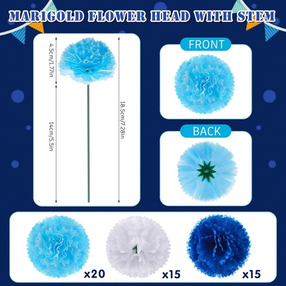 OTGFRF-50 Pcs Hanukkah Marigold Flower Bulk Decorations Flores Artificiales para Decoracion Blue Christmas Decor for Backdrop Party Floral with Stems DIY Marigold Garland(2.4 Inch, Blue, White)