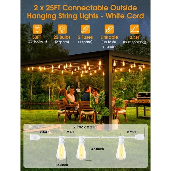 OTGFRF-50FT(2x25FT) Outdoor String Lights, Patio Lights with 20+2 LED Dimmable Waterproof ST38 Vintage Bulbs for Wedding Garden Party Decor, White