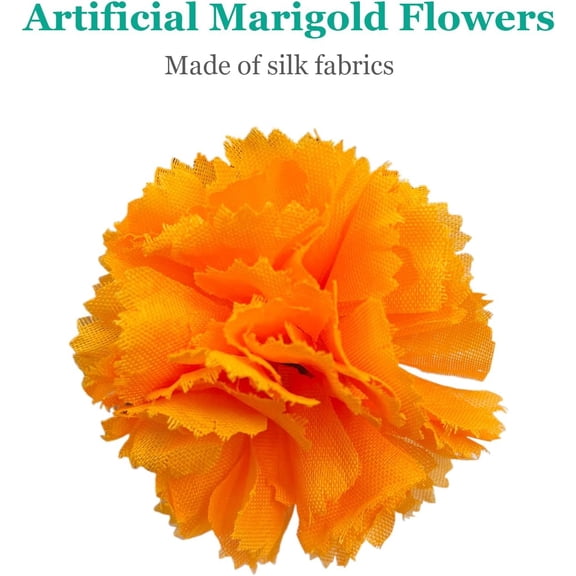 OTGFRF-50Pcs Artificial Marigold Flowers, 2 Silk Heads with Stems for Diwali, Indian Festival, Day of The Dead Dia de Los Muertos, Mexican Party, Halloween, Altar DIY Decor