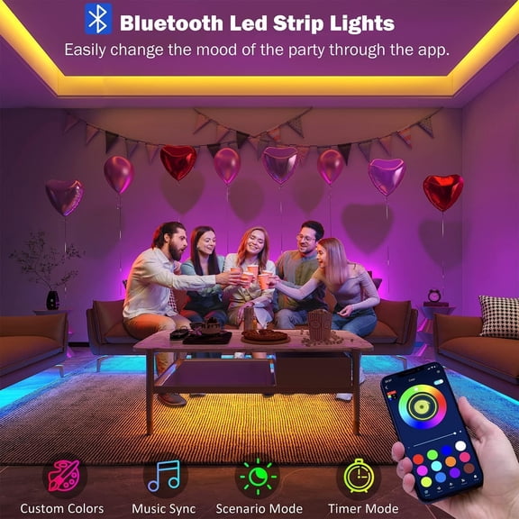OTGFRF-50ft Led Lights for Bedroom, Bluetooth Smart APP Control RGB Color Changing Led Strip Lights with Remote Control and Power Adapter Led Lights for Room Kitchen Party Home Decoration