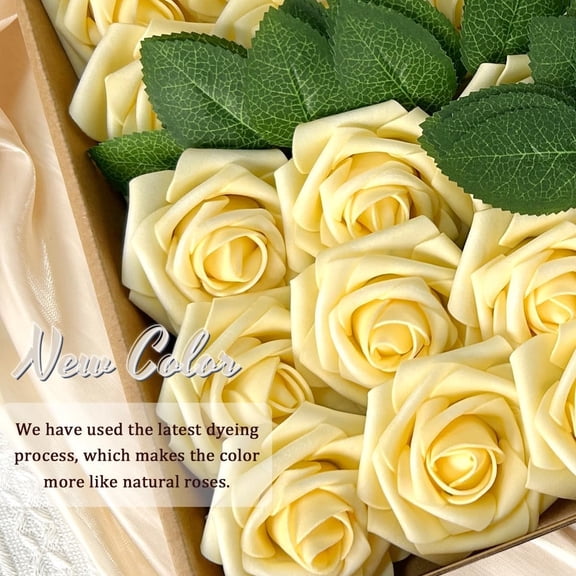 OTGFRF-50pcs Artificial Flowers Light Yellow Foam Fake Rose with Stems 12 Leaves Real Looking Faux Roses Wedding Bouquets Bridal Shower Centerpieces Arrangements Party Tables Decorations DIY Creamy Y