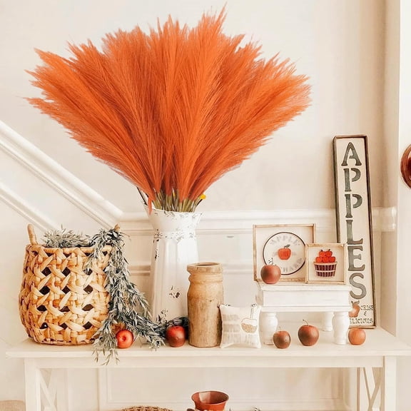 OTGFRF-50pcs Burnt Orange Faux Pampas Grass Decor, 21.6" Short Artificial Fall Pompous Grass Floral Fake Orange Pompas Grass Branches Vase Filler Flower Arrangement for Home Wedding Fall Decor