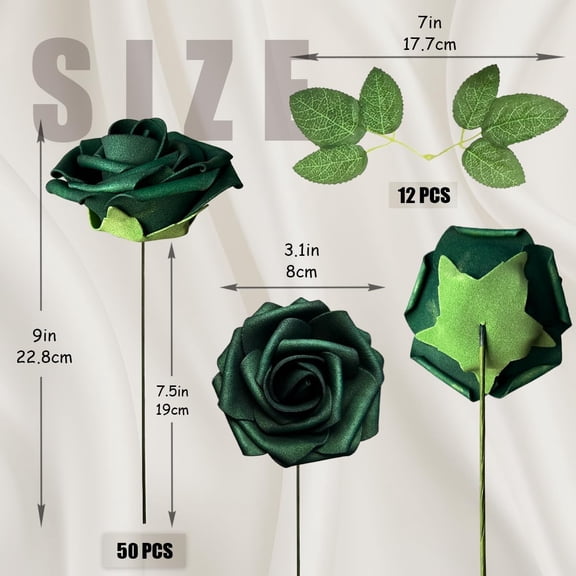 OTGFRF-50pcs Emerald Green Artificial Flowers Foam Fake Dark Hunt Green Rose with Stems 12 Leaves Real Looking Faux Roses for Wedding Bouquets Bridal Shower Centerpieces Arrangements Party Tables Dec