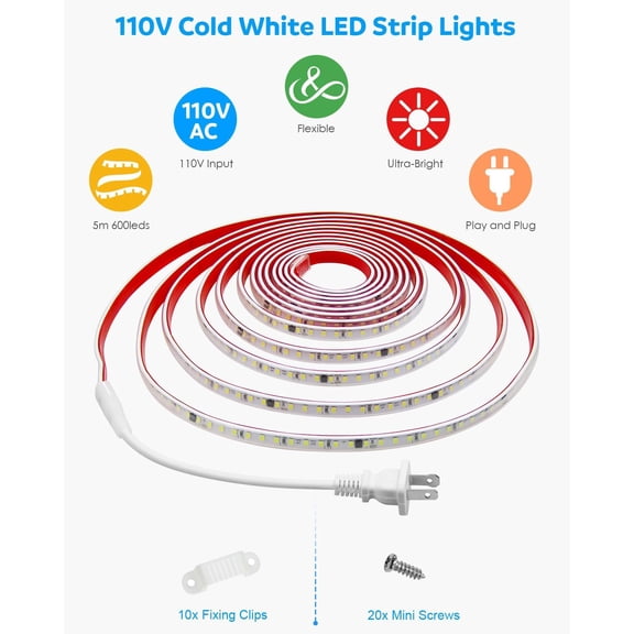 OTGFRF-5M Outdoor Led Strip Lights Waterproof AC 110V-130V Flexible LED Rope Lights Outdoor Cool White 6000K Cuttable LED Lights String for Garden Patio Indoor Decorative Lighting 120LEDs/M 16.4FT