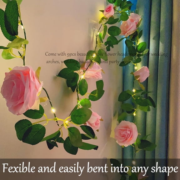 OTGFRF-6.56 Feet Artificial Flower String Lights Battery Operated Fake Rose Vine Floral Garland with 20 LED Fairy Lights, Silk Hanging Pink Rose Flower Vines for Garden Wedding Backdrop Table Decor