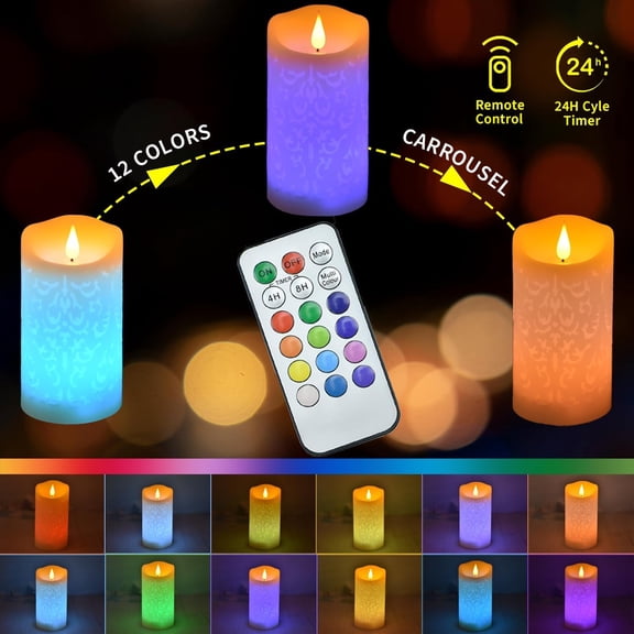 OTGFRF-6" LED Multi Colored Flameless Candle with Remote Control Timer Realistic Wax Color Changing Candle Battery Operated Candle with Flickering Flame