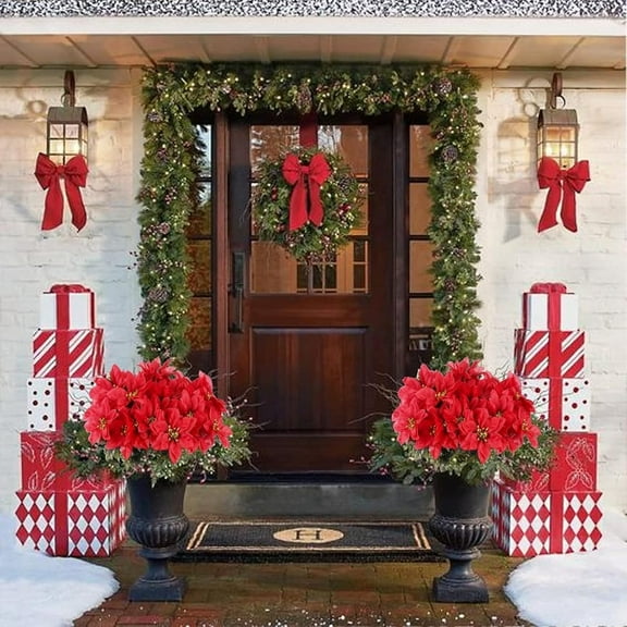 OTGFRF-6 Pack Christmas Artificial Poinsettia Bushes,13 Inch 7 Stems Faux Red Poinsettia Flowers Silk Floral Arrangements for Indoor Outdoor Christmas Tree Picks Home Porch Xmas Cemetery Decor