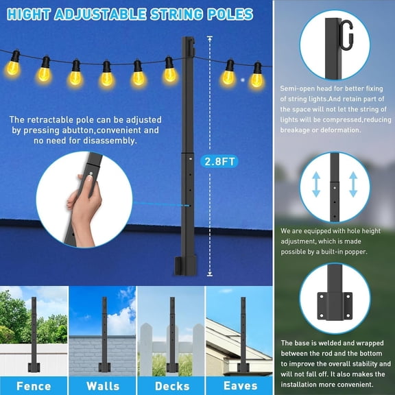 OTGFRF-6 Pack String Light Poles,2.8Ft Metal Poles for Outdoor String Lights,Outdoor Light Poles with Post,Poles/Stand for Outside,Patio,Deck,Backyard,Garden Wedding,Party