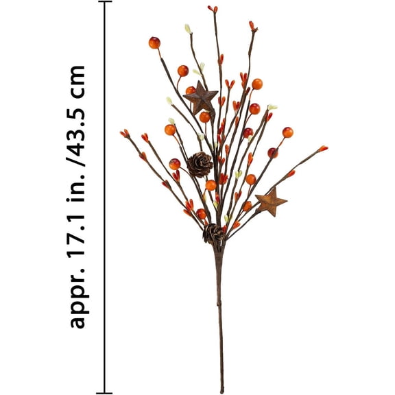 OTGFRF-6 Pcs Artificial Berry Picks with Rusty Metal Stars Orange and Cream Primitive Pip Berry Sprays Fall Floral Stems 17" for Autumn Country Wedding Thanksgiving Wreath Basket Floral Arrangement