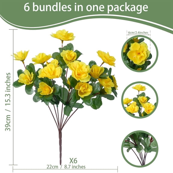 OTGFRF-6 Pcs Artificial Flowers Outdoor, UV Resistant Fake Silk Outside Plants Flowers for Spring Summer Fall Winter Christmas, Realistic Yellow Faux Florals for Planter Front Porch Patio Decoration