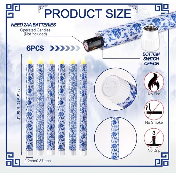 OTGFRF-6 Pcs Chinoiserie LED Flameless Candles - 10.6 Inch Blue White Porcelain Taper Candlesticks, Battery Operated with Realistic Warm Glow for Wedding Centerpiece, Holiday & Home Decor