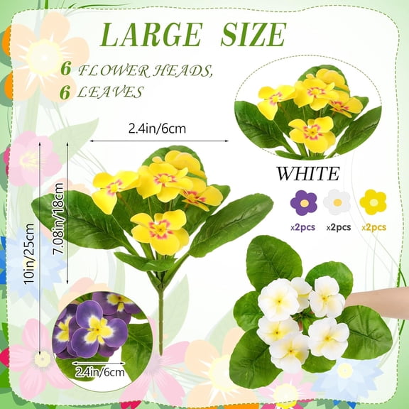 OTGFRF-6 Pcs Summer Artificial Pansies for Outdoors, 9. 84 Inches Artificial Primroses Bushes Faux Plastic Flower Fake Plants Outdoor for Planters Indoor Outside Garden (Purple,White,Yellow)