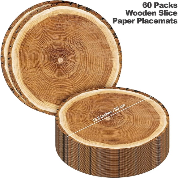 OTGFRF-60 Pack 13.8 Inches Wooden Slice Paper Placemats Disposable Rustic Wood Grain Round Table Mats for Vintage Country Wedding Birthday Party Table Setting Decorations