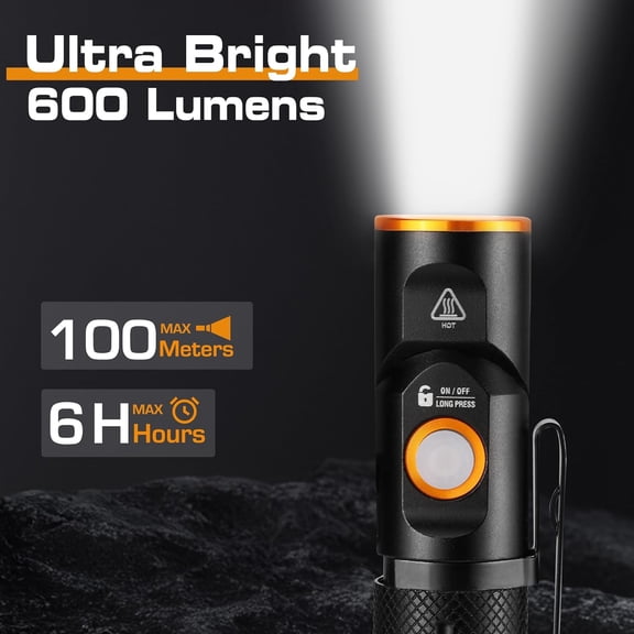 OTGFRF-600 Lumens Pocket Flashlight, 90 Degree Tactical Pen Light with Magnet, Type-C Rechargeable with 3 Modes for Night Working, Outdoor, Camping, Emergency