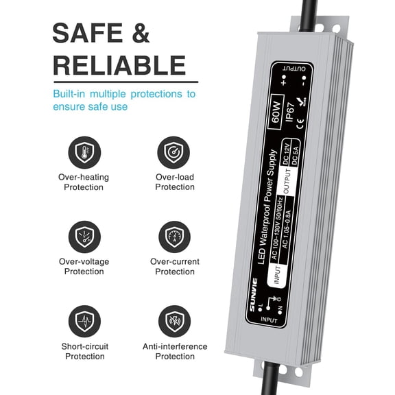 OTGFRF-60W LED Driver 12V DC Waterproof IP67 Low Voltage Power Supply, 120V to 12V Transformer Constant Voltage Power Supply 12 Volt LED Driver for Strip Lights Indoor/Outdoor Light & 12Volt DC Devic