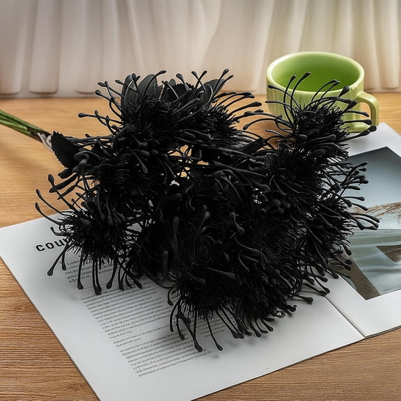 OTGFRF-6PCS Black Artificial Fake Mums Halloween Fall Faux Pincushion Flower Spider Mum Flower for Holiday Table Centerpiece Home Party Decoration