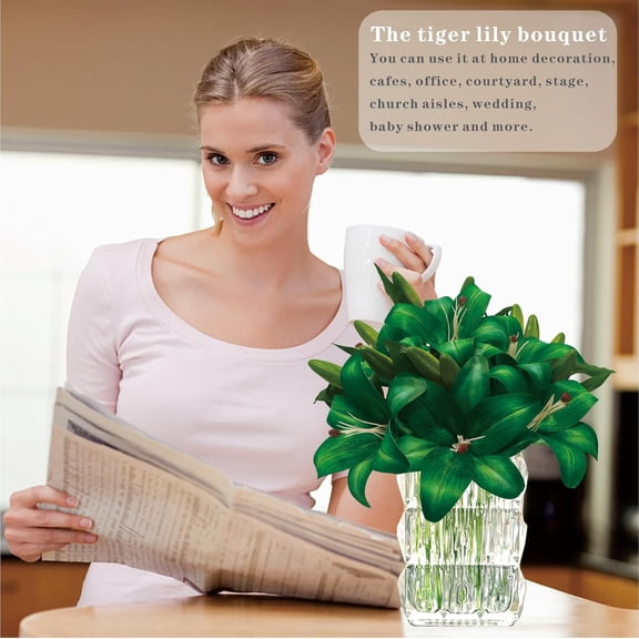 OTGFRF-6PCS Tiger Lily Artificial Flowers, Real Touch Lilies Latex, Bulk Artificial Lily Flower Wedding Bouquet, Plastic Lily Flowers,Table Centerpiece Home Decor, Pack of 6pcs(Green)