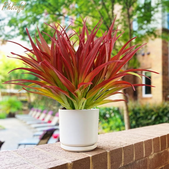 OTGFRF-6Pcs Artificial Grass Fake Plants 17.3in Outdoor Plants UV Resistant Greenery Stems Fake Grass for Home Window Garden Office Patio Pathway Front Porch Christmas Dcor Light Green & Red