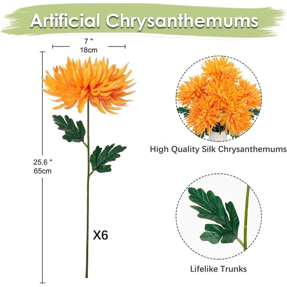 OTGFRF-6Pcs Fall Flowers Artificial for Decoration Orange Artificial Mums for Outdoors Fall Mums Decor Faux Chrysanthemum 25.6" Long Stem Spider Mum Silk Flower Arrangements Fake Bouquets Autumn