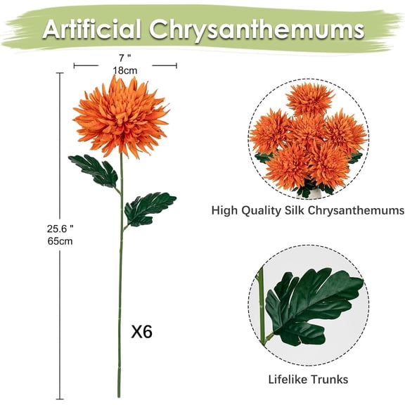 OTGFRF-6Pcs Orange Artificial Mums for Outdoors Fall Flowers Large Fall Mums Autumn Chrysanthemum Silk Flowers 25.6" Long Stem Faux Spider Mum Flower Arrangements Fake Bouquet Decorations for Home