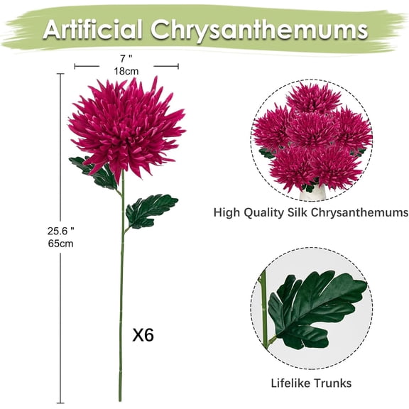 OTGFRF-6Pcs Purple-Pink Artificial Mums Flowers Spring Chrysanthemum Flowers 25.6" Long Stem Faux Spider Mum Flower Large Floral Arrangements Bouquets Fake Pincushion Silk Flower Home Decor