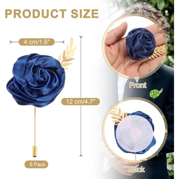OTGFRF-6pcs Navy Rose Boutonnieres Flower Buttonholes Pocket Boutonnieres Pins with Leaf for Wedding Ceremony Anniversary Prom Formal Dinner Party(4.7 x 2 Inch)