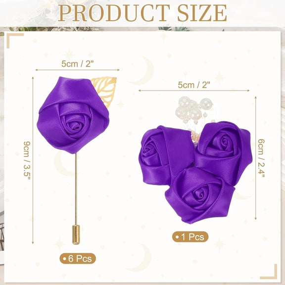 OTGFRF-7 Pcs(6pcs Pins + 1 Brooch) Dark Purple Artificial Rose Corsage with Pin Flower Buttonholes Pocket Boutonnieres Pins for Wedding Ceremony Anniversary Prom Formal Dinner Party