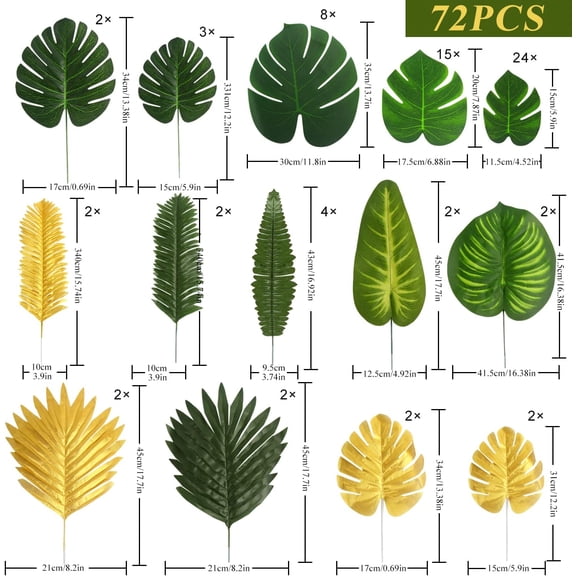 OTGFRF-72 PCS 14 Kinds Artificial Palm Leaves Tropical Fake Leaves Faux Monstera Leaves Simulation Safari Plant with Stems for Home Jungle Safari Decoration Hawaiian Luau Beach Theme Party Supplies