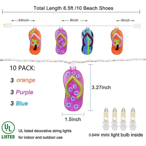 OTGFRF-8.5Ft Tropical Beach Themed Decorations Slipper String Lights with 10 Colorful Flip Flop, Outdoor Beach Flip Flop String Lights for Summer Camp Tent Wedding Holiday Party Garden Bedroom Decor