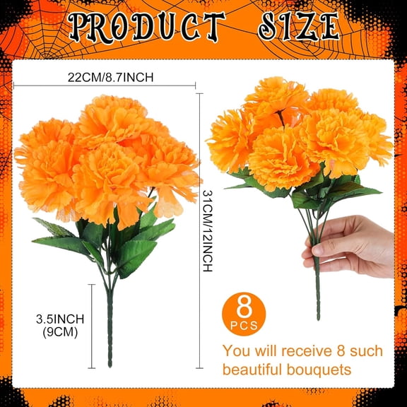 OTGFRF-8 Bundles Marigold Flowers Bulk Day of The Dead Artificial Faux Flower with Stem Dia De Los Muertos Decorations for Halloween Diwali Garland Wreath Wedding Party Home(Orange)