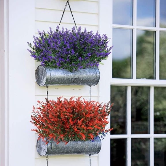 OTGFRF-8 Bundles Outdoor Artificial Lavender Fake Flowers UV Resistant Shrubs, Faux Plastic Greenery for Indoor Outside Hanging Plants Garden Porch Window Box Home Wedding Farmhouse Decor (Purple)