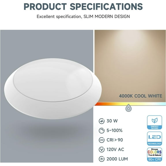 OTGFRF-8 Inch LED Round Dimmable Flush Mount Ceiling Light, 30W, 2000 Lumens, 4000K, Cool White, Surface Mount LED Ceiling Light, Aluminum Baffle Trim, ETL Listed