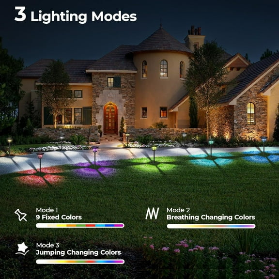 OTGFRF-8 Pack RGBCW Solar Pathway Outdoor Lights, 3 Lighting Modes Solar LED Garden Lights, IP65 Waterproof Outside Solar Powered Landscape Lighting for Sidewalk Driveway Backyard RGB/Warm/Cold White