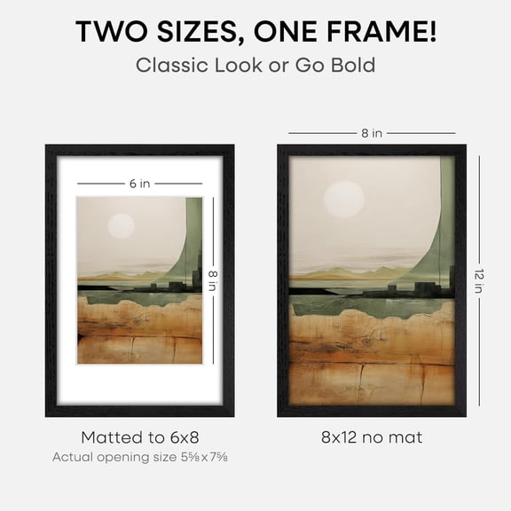 OTGFRF-8x12 Black Picture Frame, High End Oak 8 x 12 Wood Frames with Mat 6 by 8 Print, 8by12 Wooden Frame Matted to 6x8 inch Photo, 12x8 Wall or Tabletop Frames, Tempered Glass, Wall Kit, Set of 1