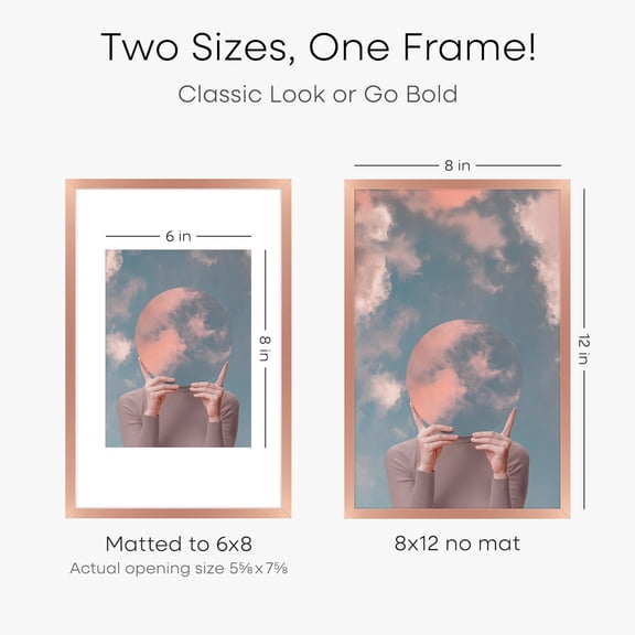 OTGFRF-8x12 Picture Frame Rose Gold, High End Metal 8 x 12 Poster Frames with Mat 6 by 8 Photo, 12x8 Frame Matted to 6x8 inch Print, 8by12 Wall or Tabletop Frame, Tempered Glass, Wall Kit, Set of 1